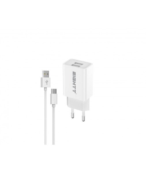 CARGADOR EIGHTT SMARTPHONE TABLET 5V 2X2.4A CON CABLE TIPO C 1,2M