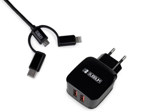 CARGADOR PARED SUBBLIM ABS 2.4A CON CABLE 3IN1 BLACK