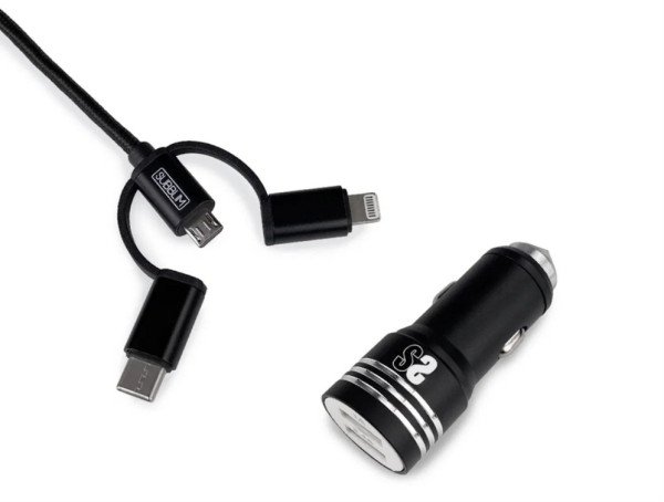 CARGADOR COCHE SUBBLIM ALUM 2.4A + CABLE 3 IN1 BLACK
