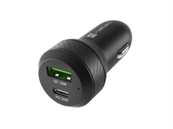 CARGADOR COCHE NATEC CONEY 1XUSB, 1XUSB-C QC3.0, PD 3.0 48W NEGRO