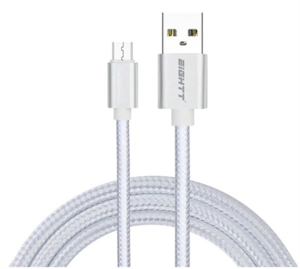 CABLE EIGHTT USB A MICROUSB 1MTS TRENZADO DE NYLON PLATA. CARCASA DE ALUMINIO