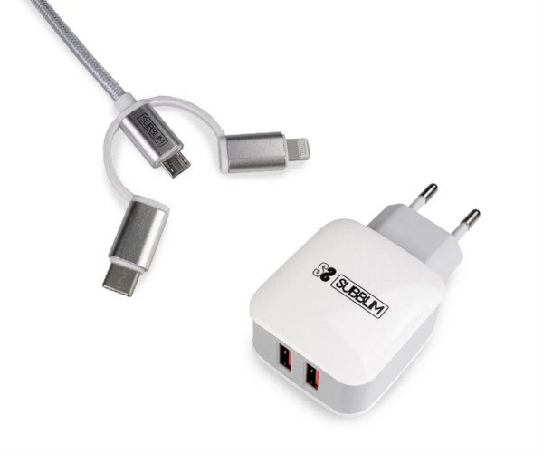 CARGADOR PARED SUBBLIM ABS 2.4A CON CABLE 3IN1 WHITE