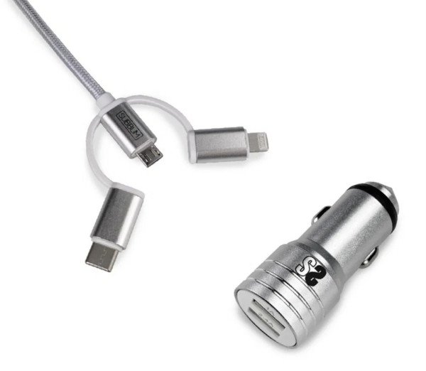 CARGADOR COCHE SUBBLIM ALUM 2.4A + CABLE 3 IN1 SILVER
